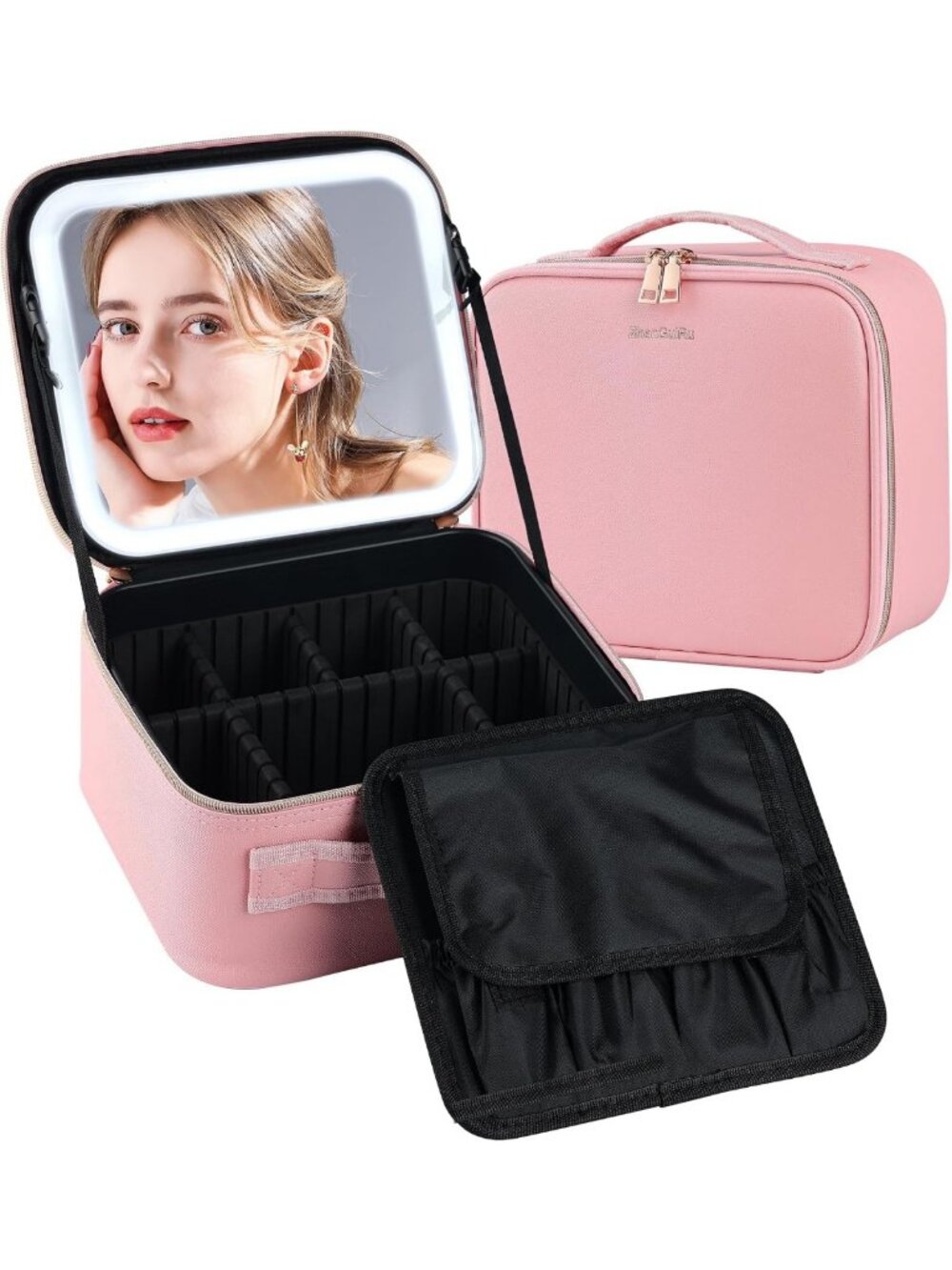 Large Pink Makeup Bag with Lighted Mirror, Portable Cosmetic Organizer Case
